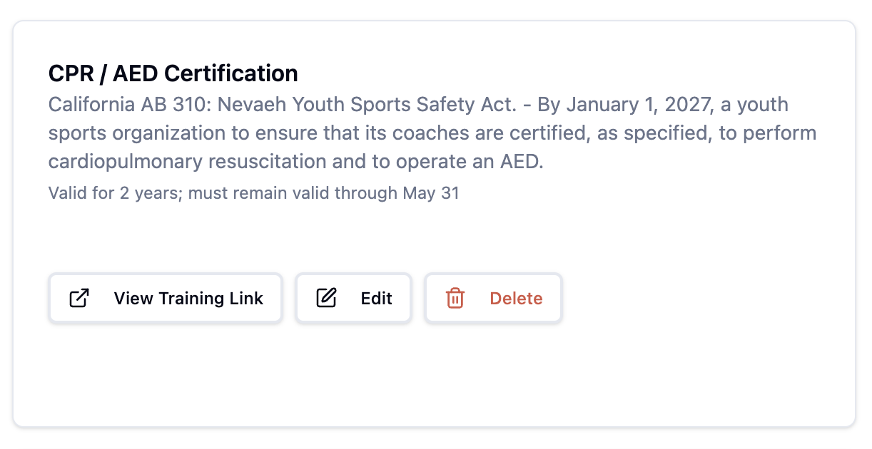 Volunteer Tracker CPR/AED certification with a 2-year validity period and a 'must remain valid through' date